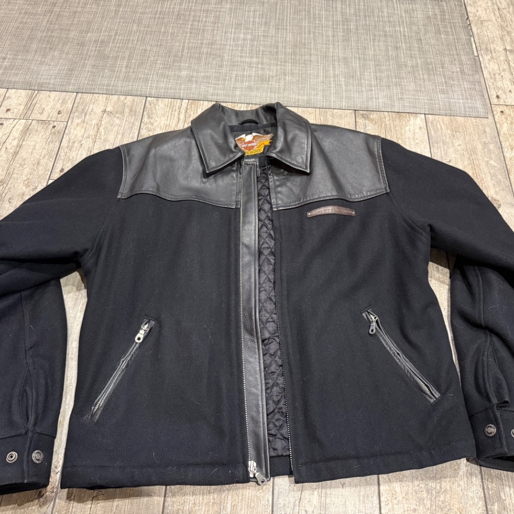 HARLEY DAVIDSON Men's Wool and Leather Trim Zip Up Motorcycle Jacket Size M USED